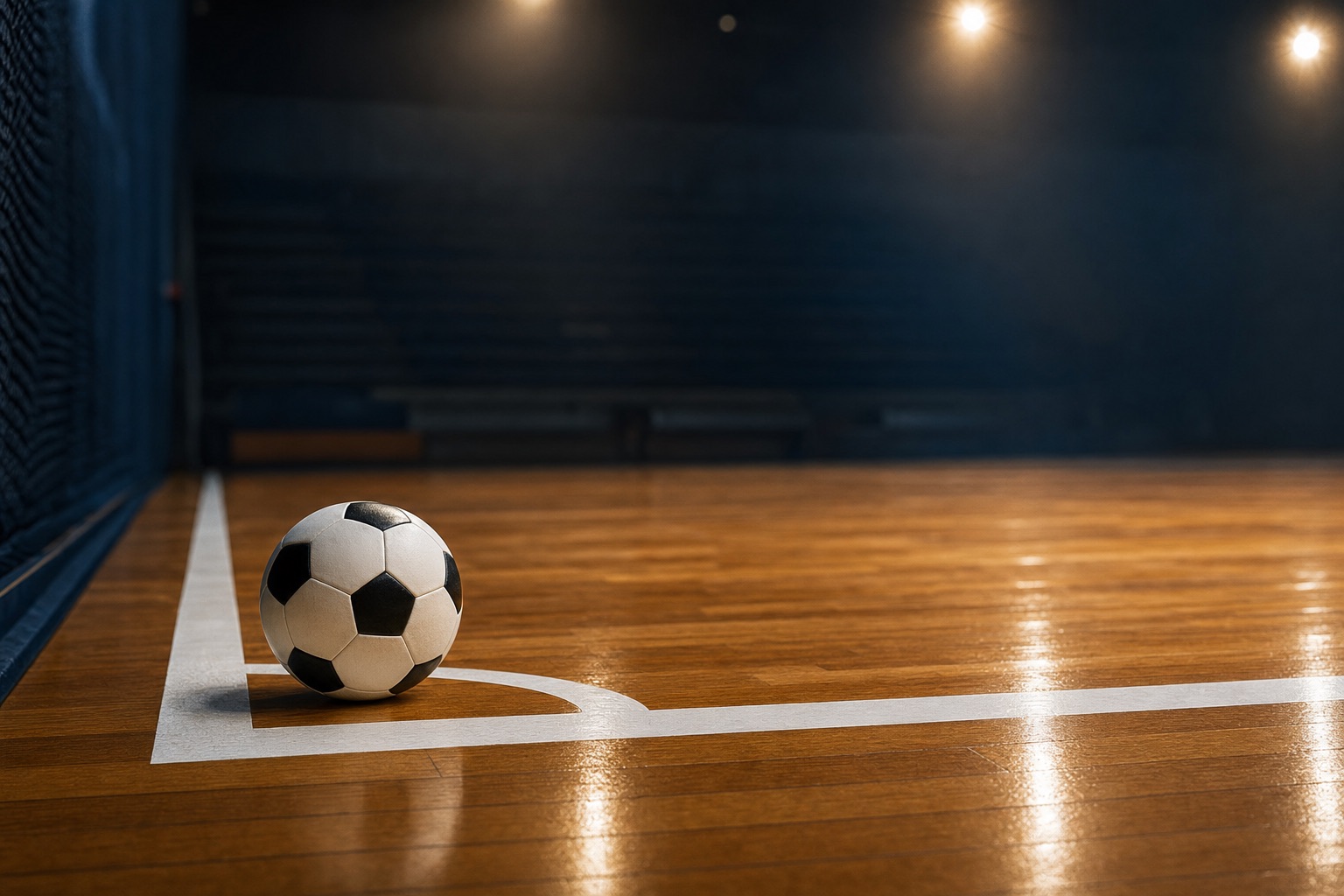 Bola de futsal na marca do escanteio de uma quadra iluminada